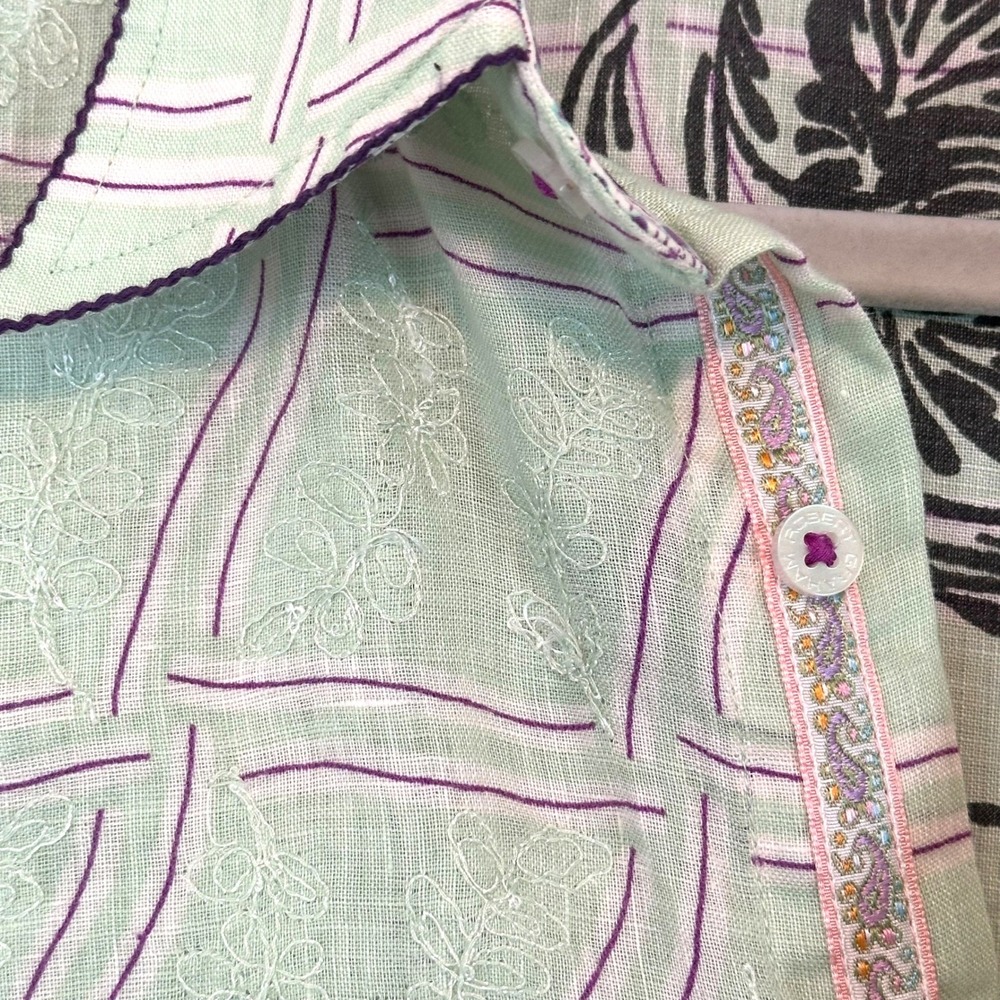 Robert Graham Embroidered Linen Blend Button Down Shirt Green Purple Mens Large - Picture 9 of 15